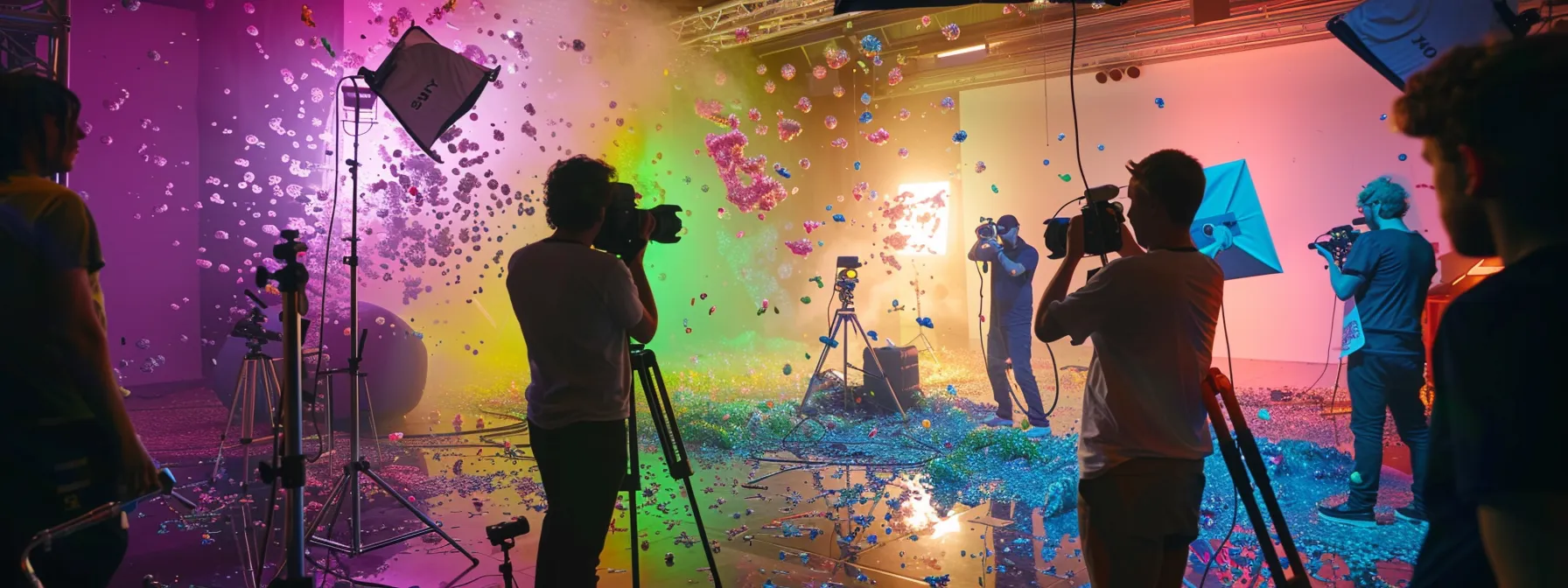 a film crew surrounds an actor in a vibrant, green-screen environment, as colorful digital elements come to life around them.