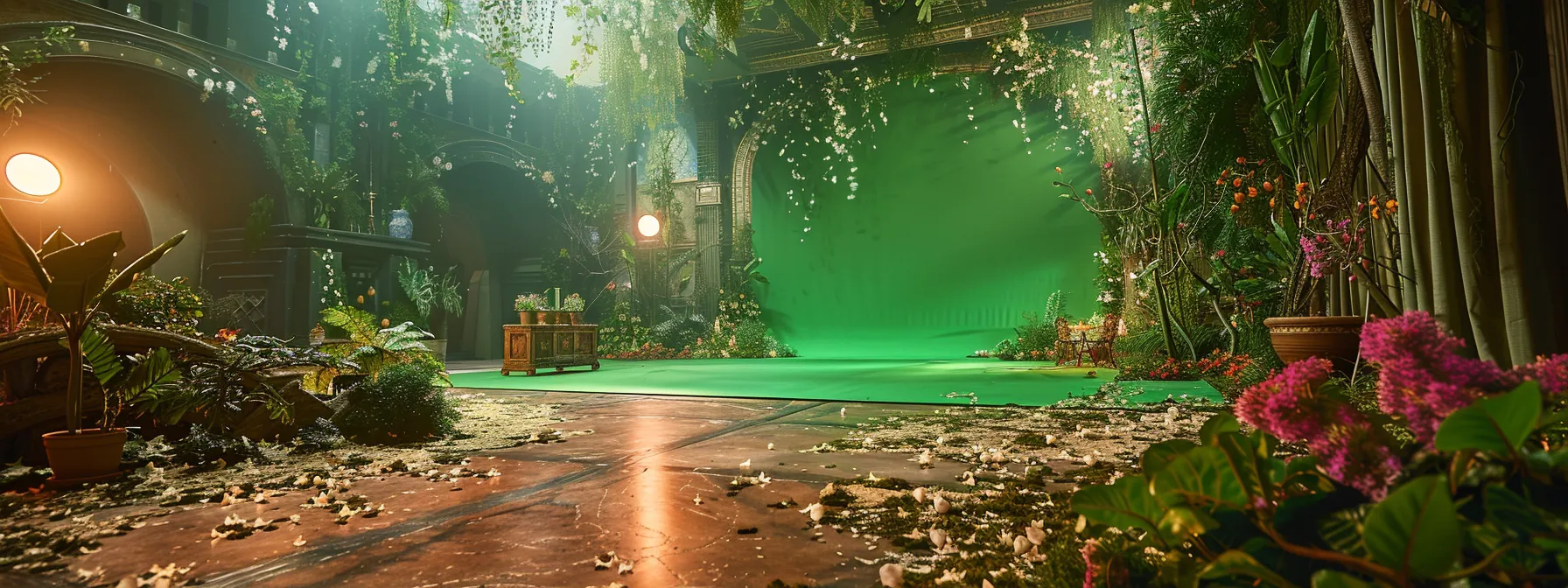 a film set with a large green screen backdrop allowing for the creation of diverse settings and intricate camera movements, optimizing production efficiency.