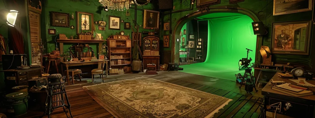 a professional film set with actors and props in a fully-equipped green screen studio.