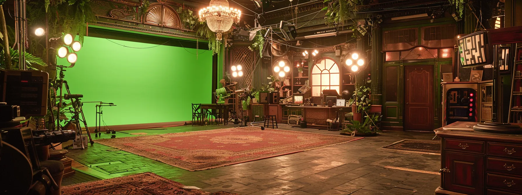 a vintage movie set with an array of green screens, showcasing the evolution of technology in filmmaking.