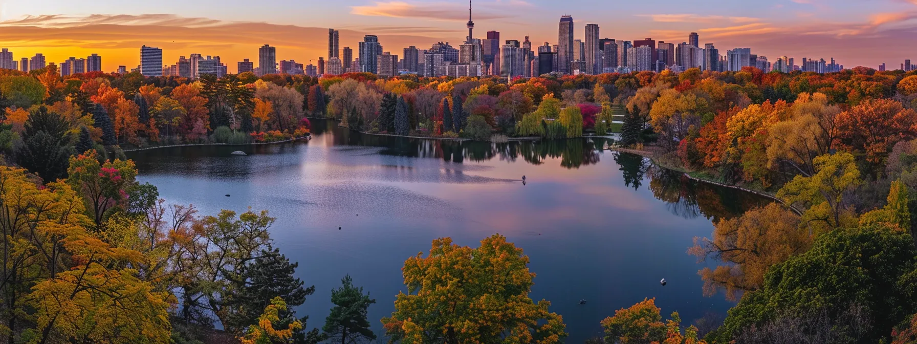 a breathtaking panoramic view of high park's vibrant foliage and serene ponds during the golden hour.