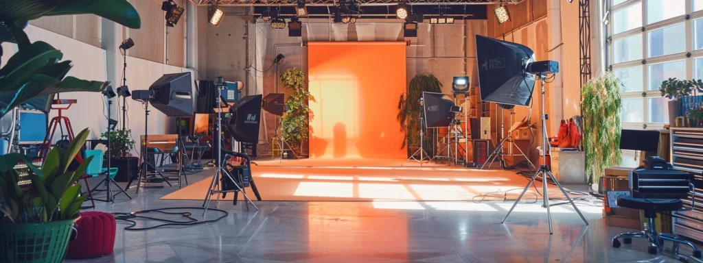 brightly lit studio space filled with various creative props and equipment for content creation, with a large backdrop ready for shooting.