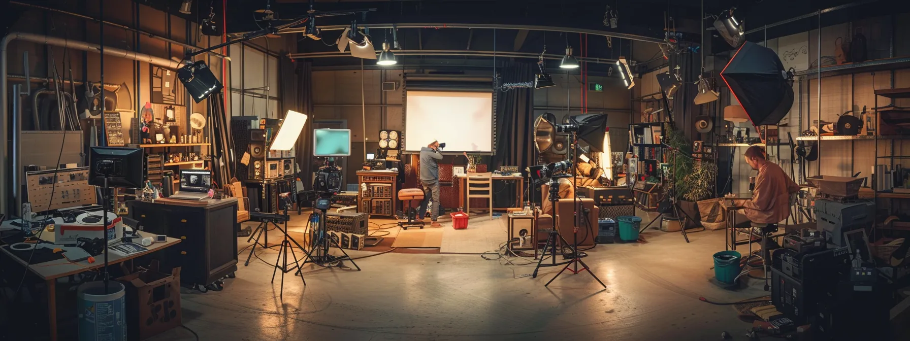 a bustling commercial rental studio filled with organized props, equipment, and a team efficiently working together to maximize their time and optimize their workflow.