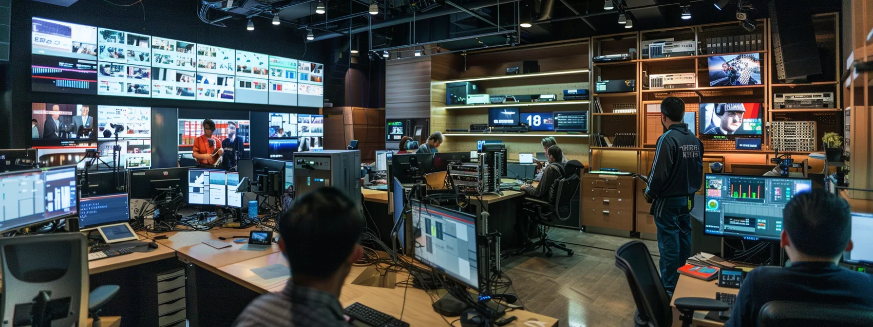 a bustling commercial studio with technicians assisting production teams, surrounded by high-tech equipment optimizing productivity.