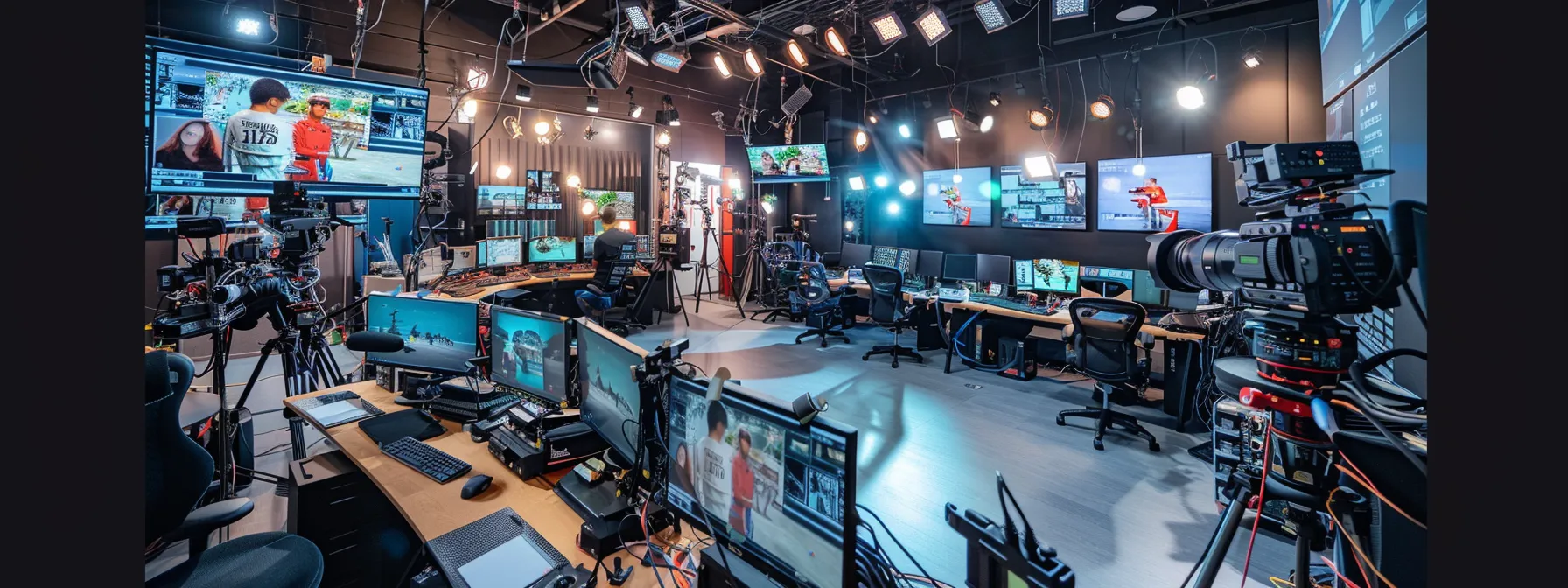 a bustling studio filled with professional lighting equipment, sleek cameras, and a team of focused creatives collaborating on a commercial production project.