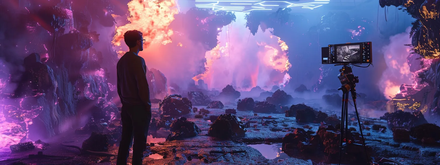 a cinematographer standing in a futuristic virtual set, surrounded by vibrant, digitally rendered landscapes, merging technical innovation with creative storytelling in cinema production.