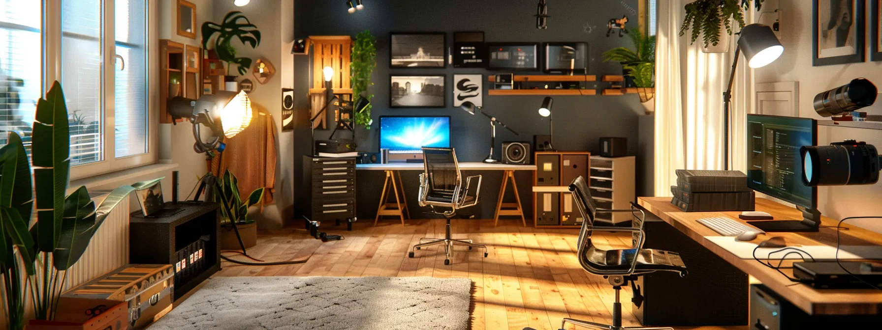 a compact studio setup featuring versatile furniture, neatly arranged equipment, and efficient use of space for maximum savings and productivity.