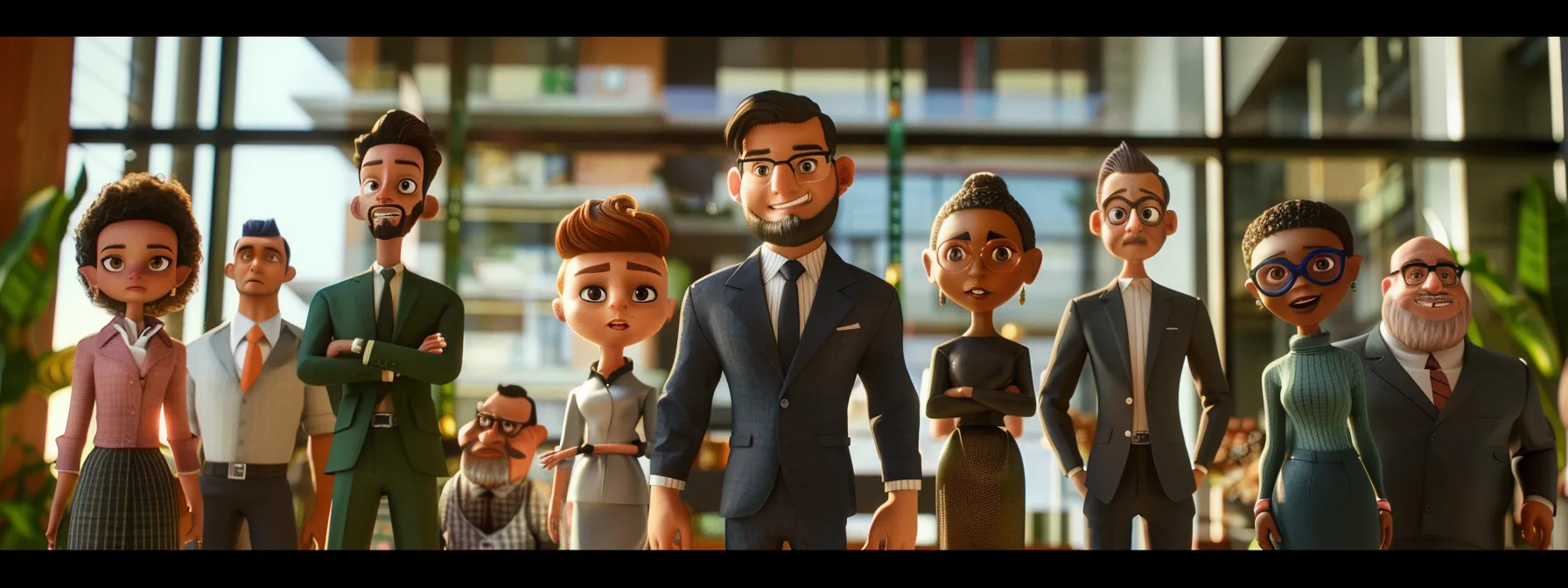 a diverse group of animated characters with distinct traits and backstories interacting in a vibrant corporate video setting.