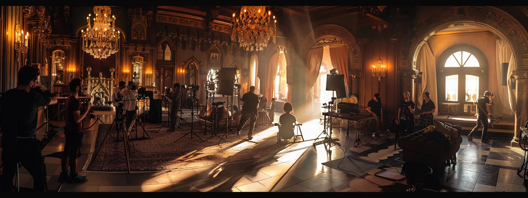 a film crew creating a visually stunning shot inside the grand interiors of the historic casa loma castle.