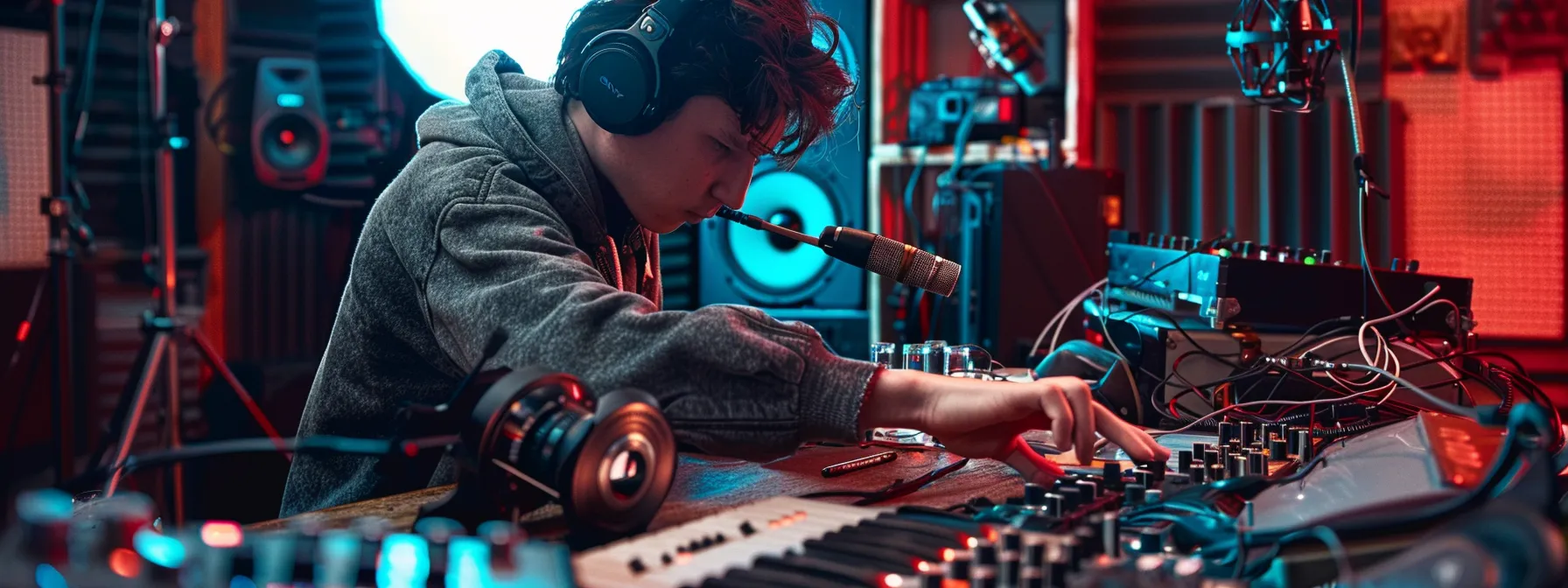 a filmmaker adjusting a high-tech camera angle to capture dynamic footage for a music video, surrounded by advanced microphones and digital editing tools in a sleek studio setting.