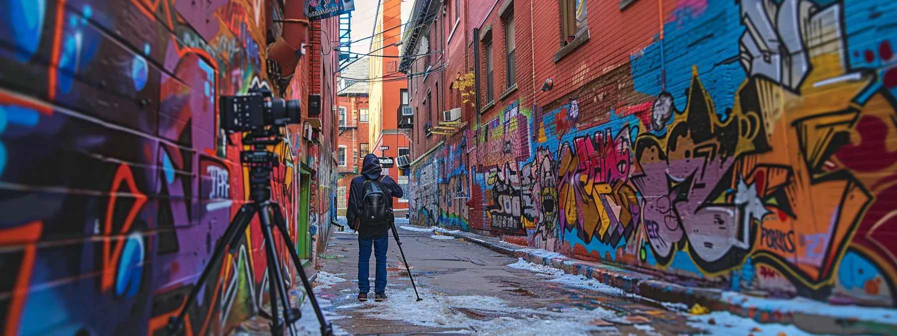 a filmmaker capturing a colorful graffiti-covered alleyway, setting the stage for urban visual storytelling.