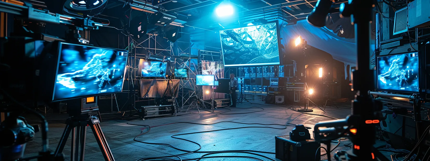 a futuristic film set surrounded by advanced technology and virtual screens, transforming the traditional filmmaking process.