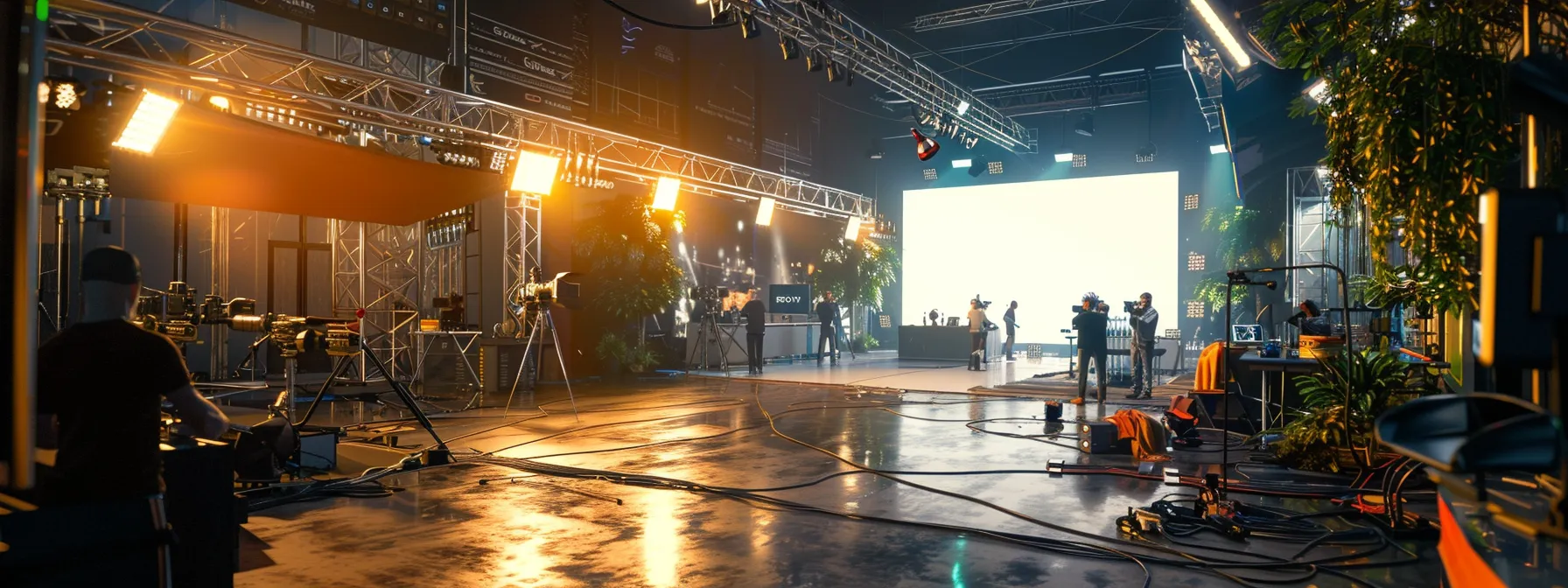 a futuristic film set where digital and physical elements seamlessly merge, illustrating the revolutionary concept of virtual production in modern filmmaking.