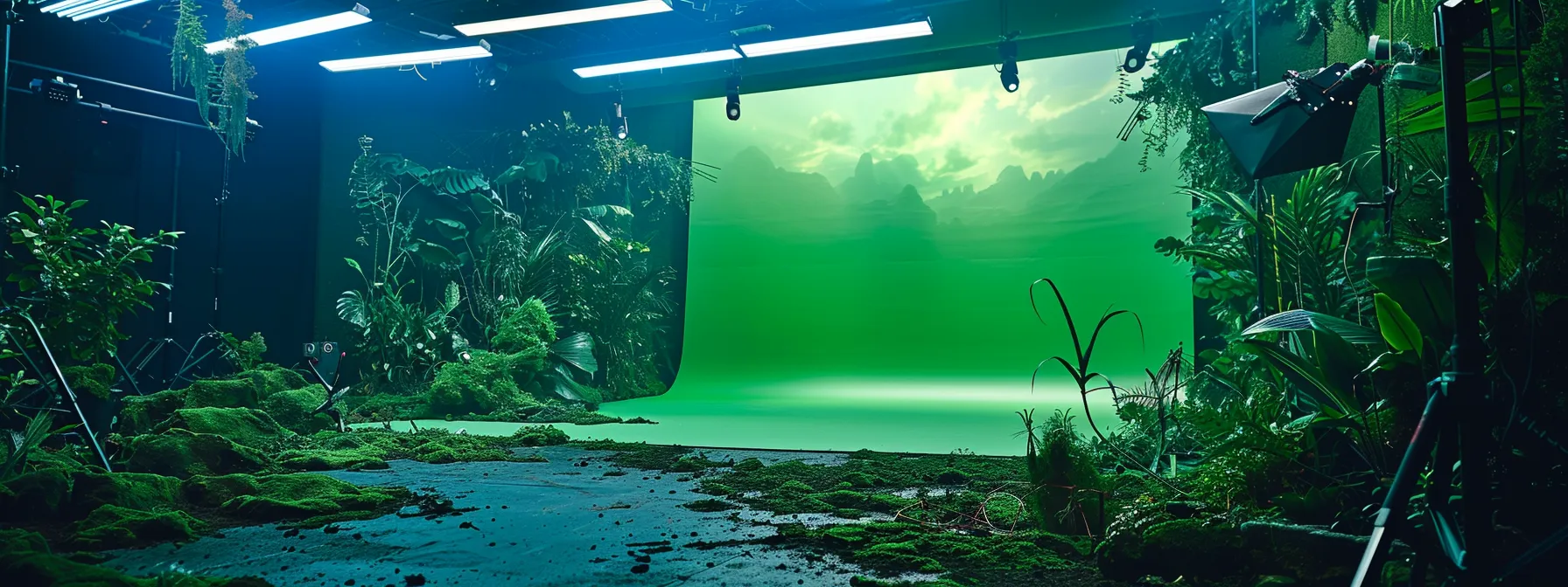 a futuristic film set with advanced virtualization technology, showcasing a vivid green screen transforming into a realistic digital landscape.