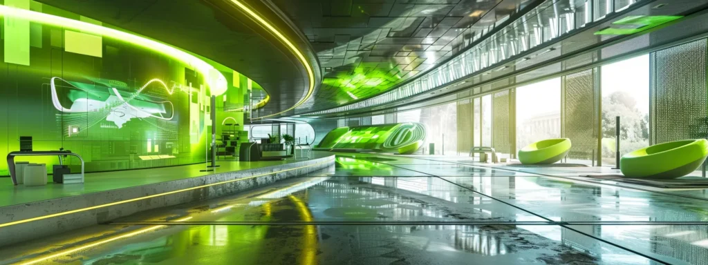 a futuristic studio with cutting-edge green screen technology seamlessly blending virtual and real environments.