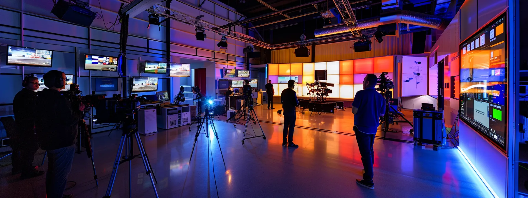 a group of focused studio technicians at work in a state-of-the-art production studio, mastering technology and safety protocols to enhance video production quality and efficiency.