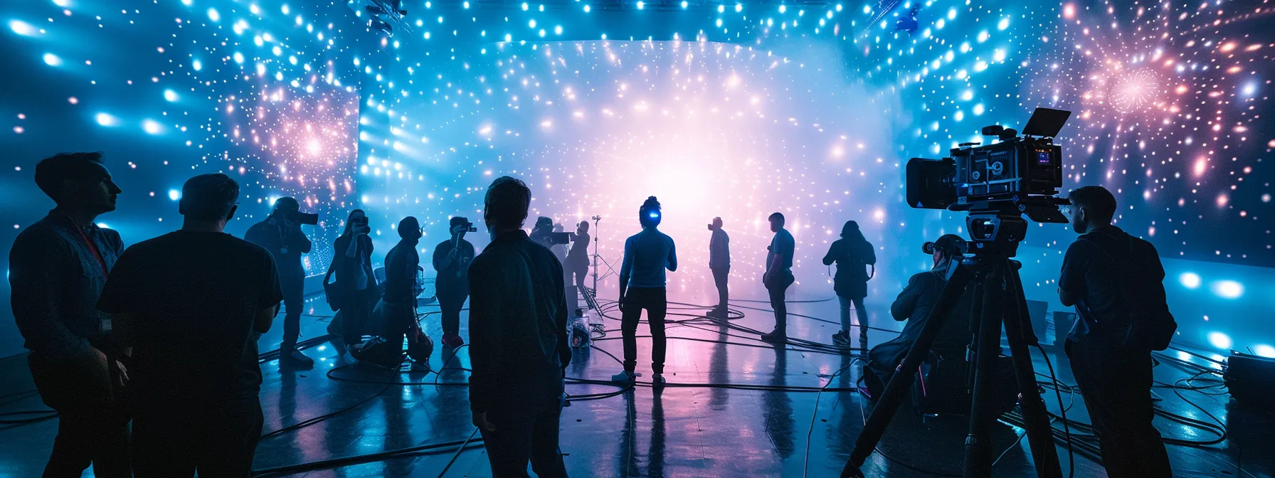 a mesmerizing led volume surrounded by a team of filmmakers, immersed in a hyper-realistic virtual environment created through cutting-edge technology.