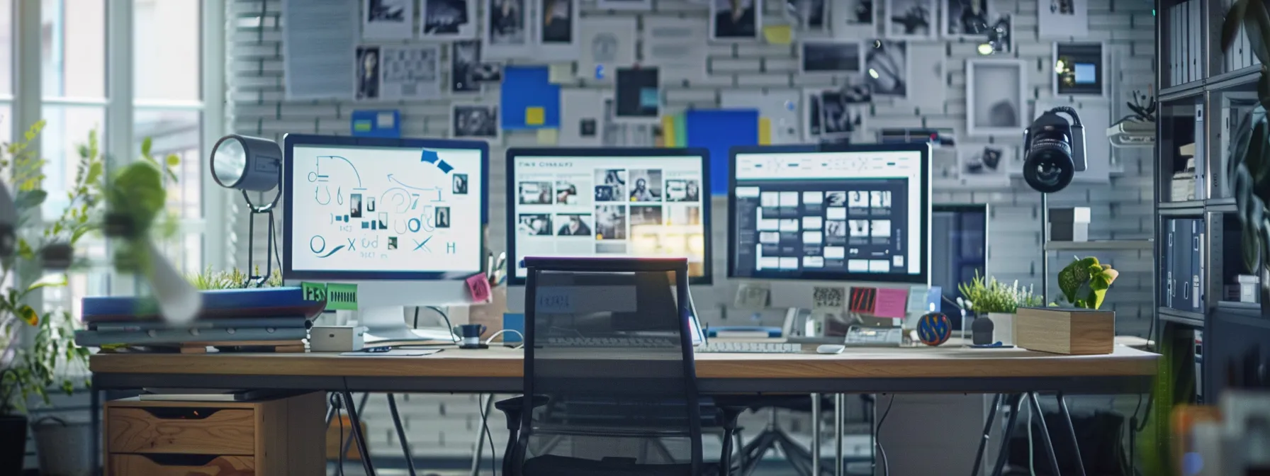 a modern office desk cluttered with computer screens displaying various animation studio websites, client reviews, and industry awards.