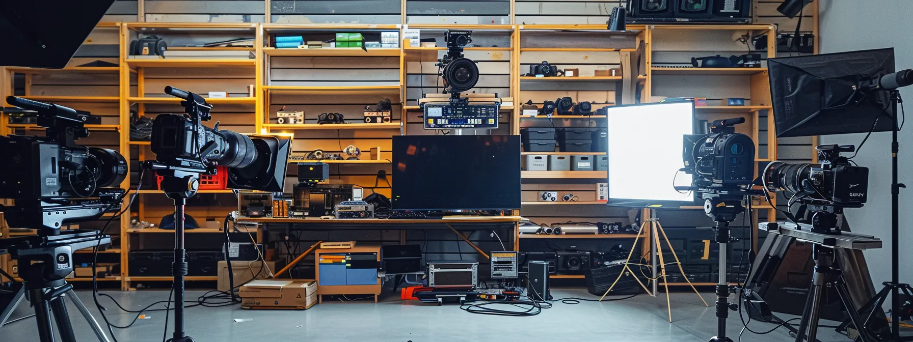 neatly labeled shelves holding cameras and equipment against a studio wall, maximizing space for efficient corporate video production.