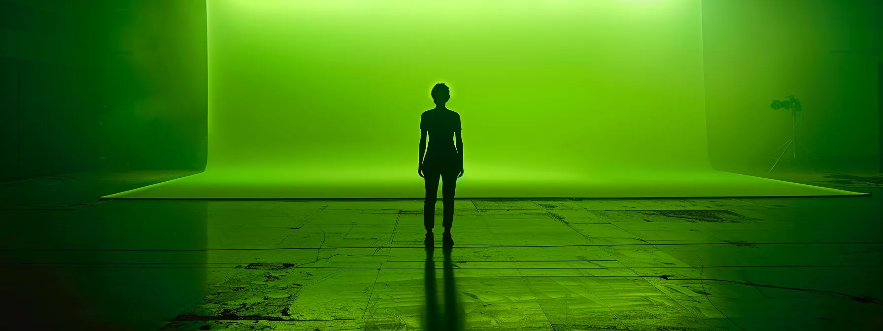 a person standing in front of a vibrant green screen with perfectly even lighting illuminating their figure.