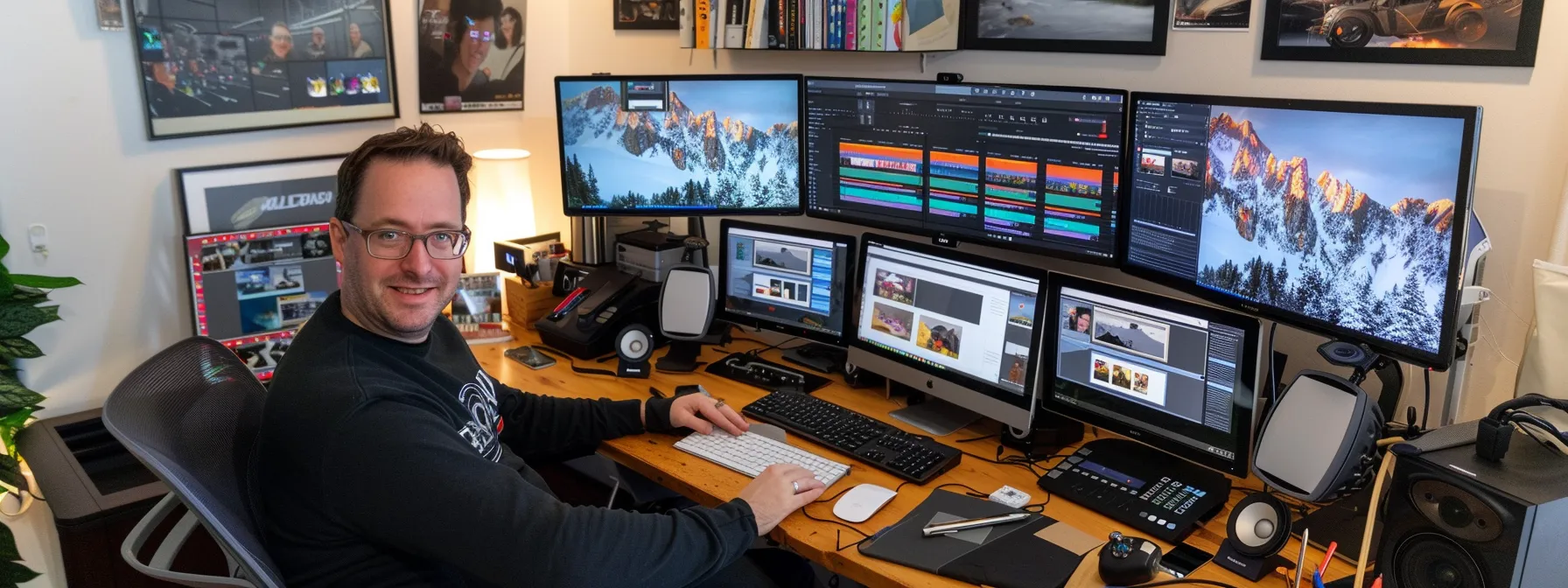 a professional animator sitting at a sleek desk surrounded by multiple computer screens displaying advanced animation software programs, creating stunning visuals for an explainer video project.