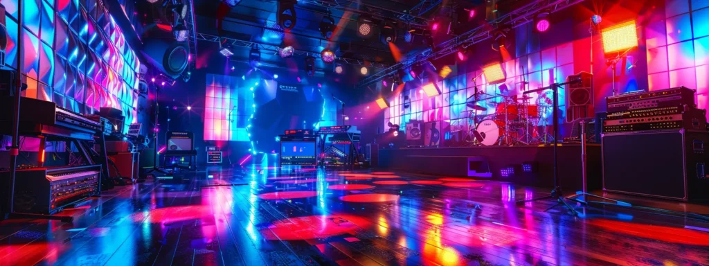 a professional recording studio filled with vibrant colored lights and high-tech equipment, capturing the essence of a dynamic music video production.