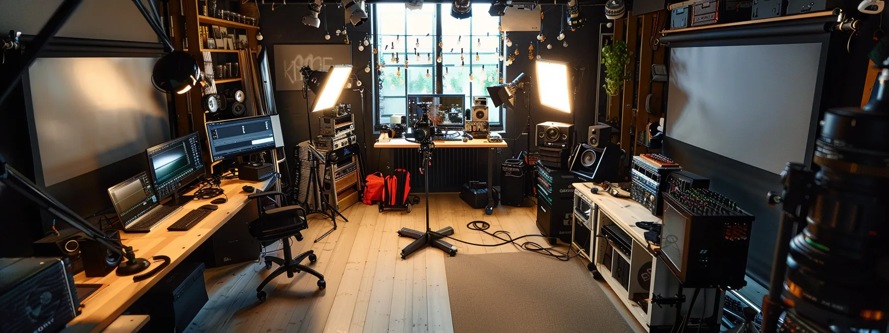 a professional studio setup with cameras, editing gear, and studio essentials neatly organized and ready for a productive session.