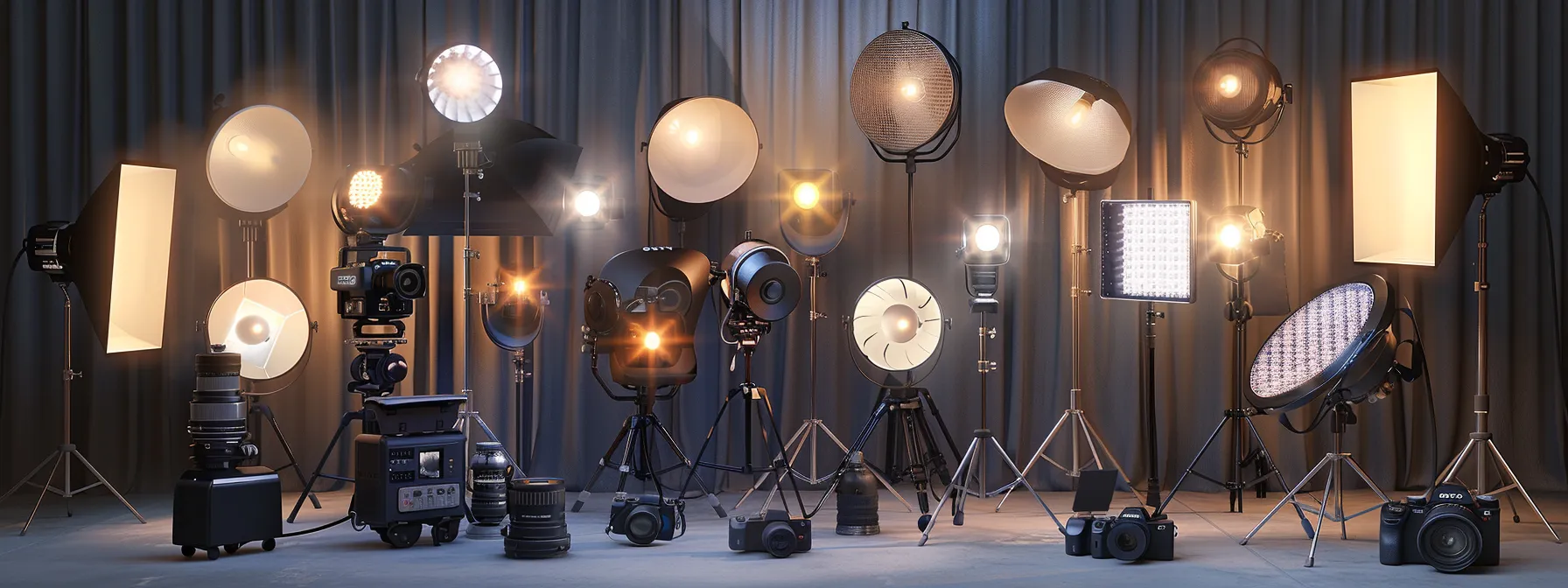 a professional studio setup with various types of studio lights casting soft, diffused illuminations on a well-composed subject.