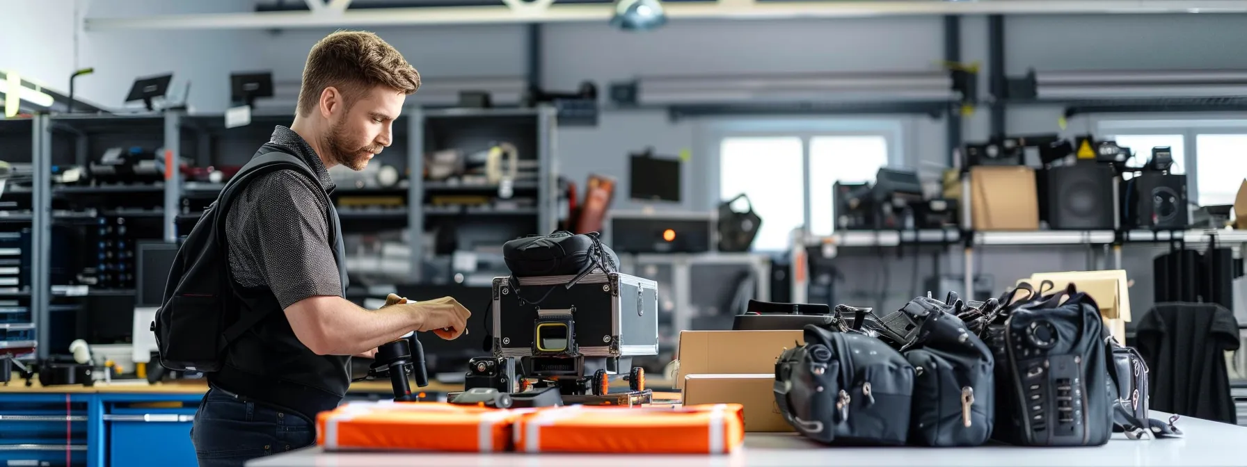 a professional studio technician adjusting lighting and camera equipment in a bright, spacious studio setting.