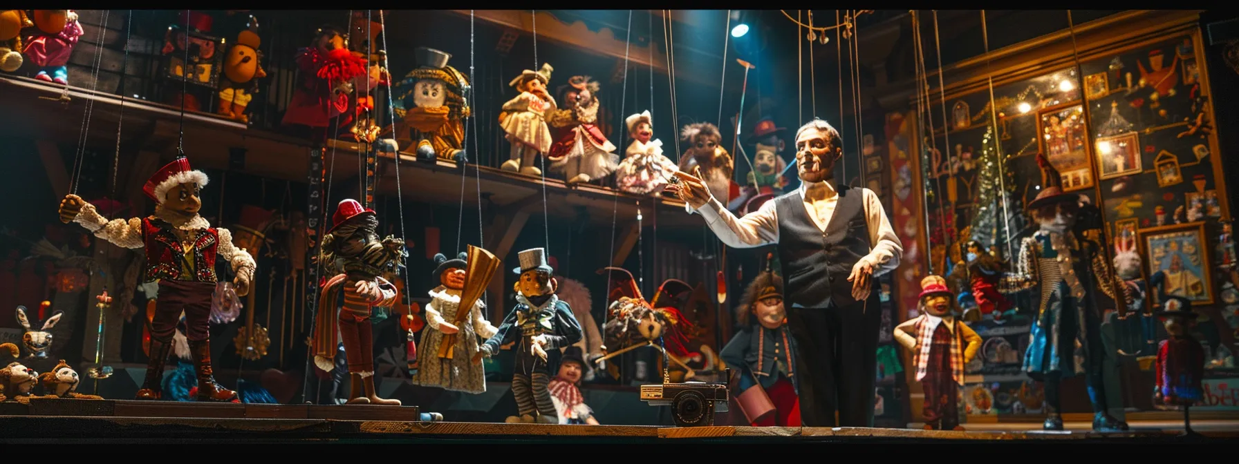 a puppeteer carefully manipulates intricate marionettes on a stage, surrounded by animatronic characters in a diverse and detailed production setting.