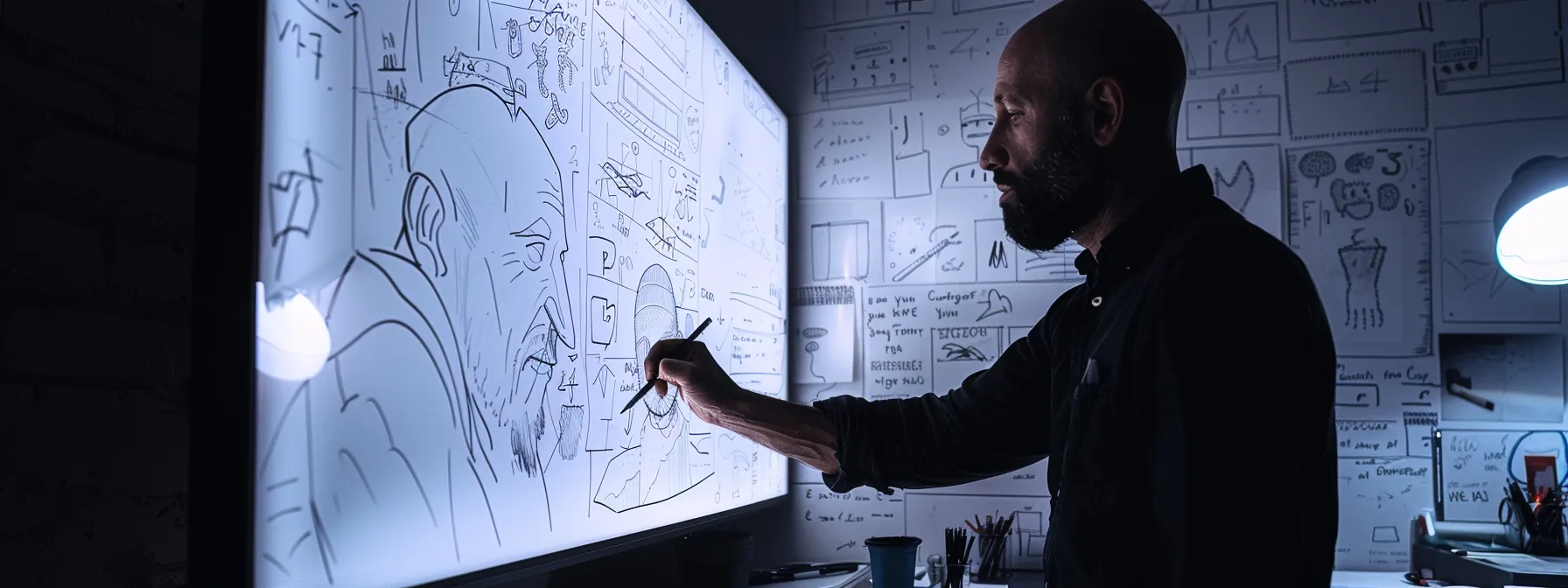 a skilled artist meticulously sketching a detailed storyboard on a large whiteboard, filled with dynamic scenes and expressive characters, mapping out the visual roadmap for an animated project.