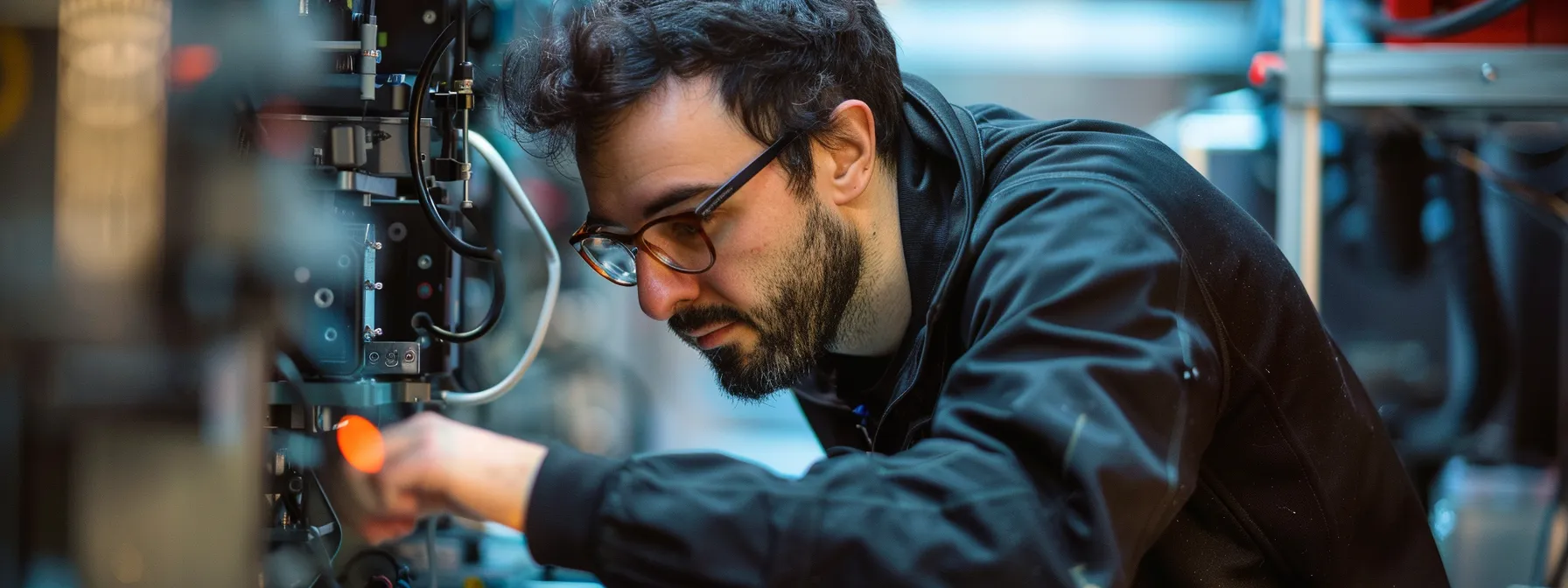 a skilled on-site studio technician meticulously adjusting camera settings to optimize production quality during a video shoot.