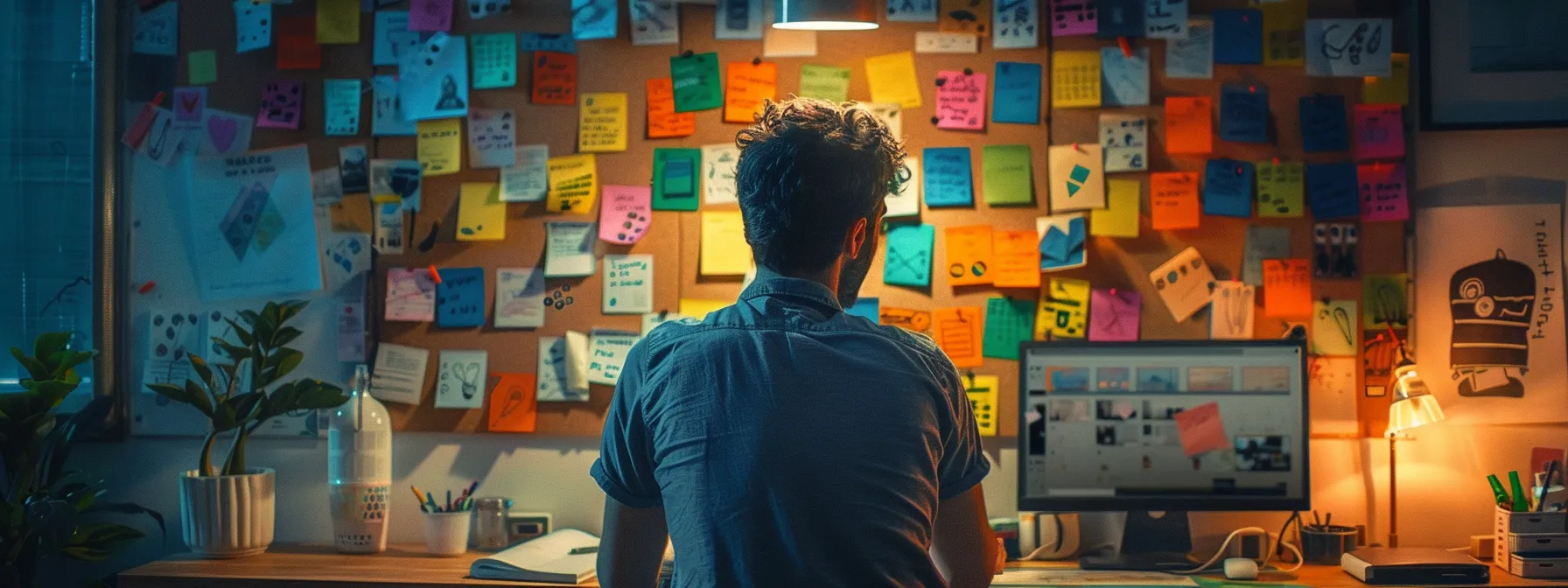 a storyboard artist meticulously arranging colorful cards on a cork board, strategically planning the sequence of an engaging animation.