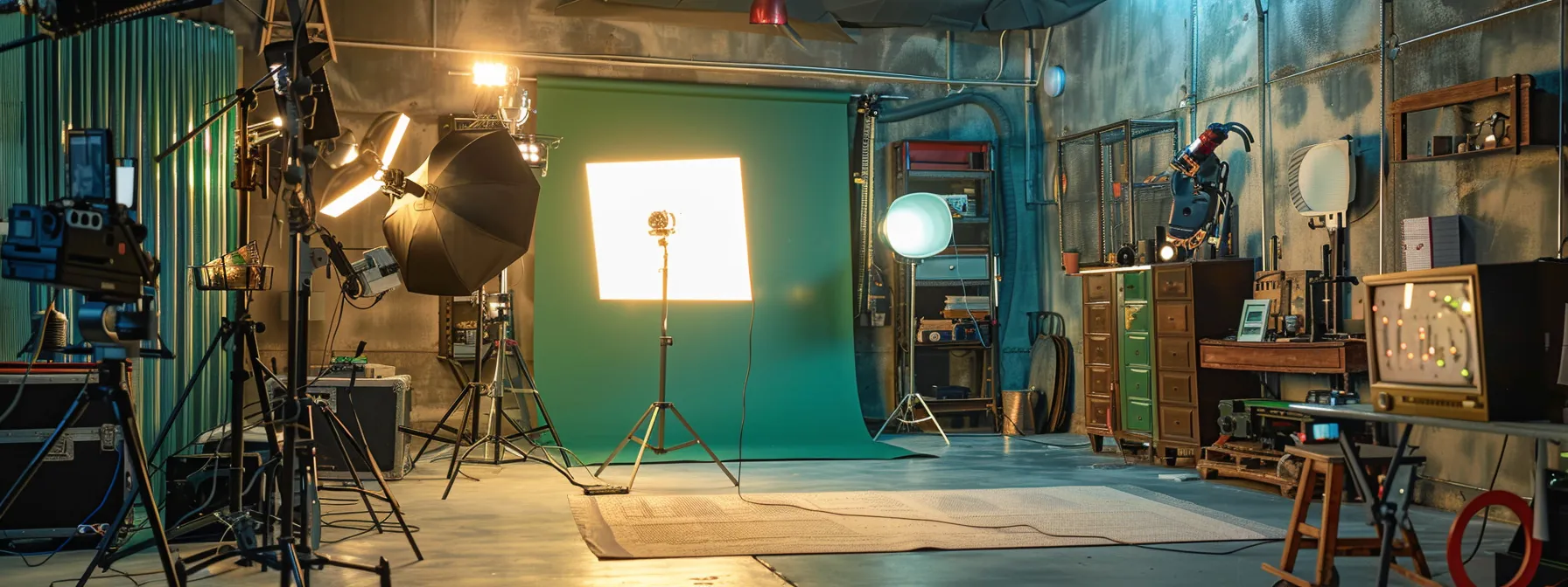 a studio scene with a variety of versatile backdrops and props creating dynamic environments for video production.