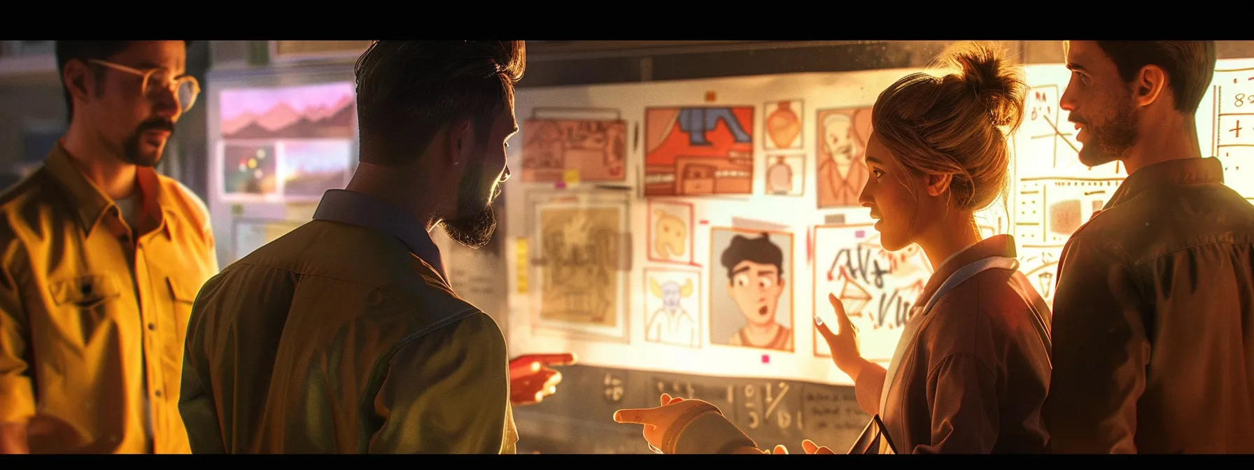 a team of animators gathered around a detailed storyboard, pointing and discussing animated sequences with colorful visuals and annotations.