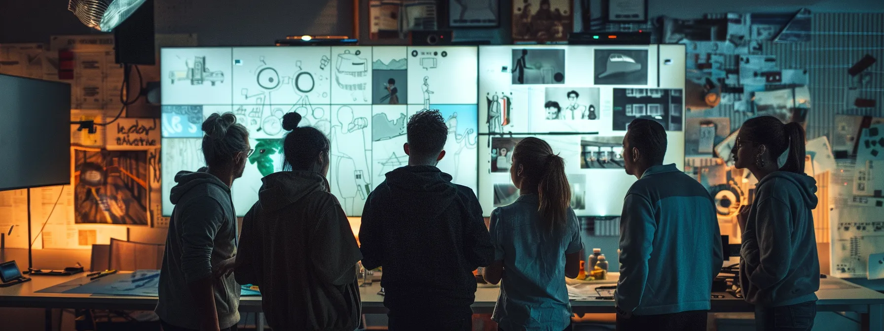 a team of artists huddled around a digital storyboard on a large screen, discussing and refining thumbnail sketches with focused determination.