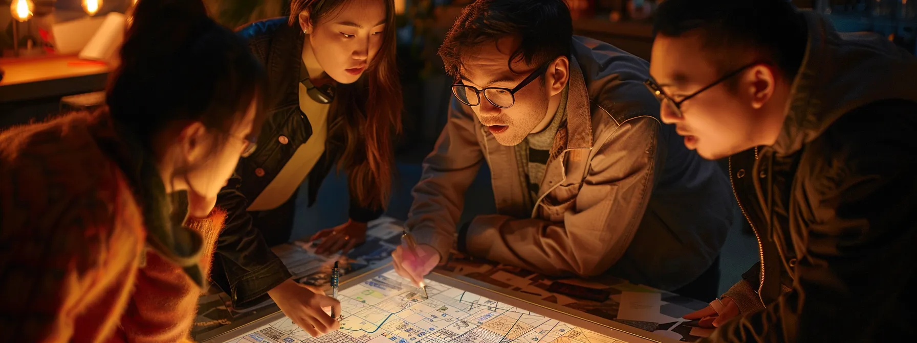 a team of marketers huddled around a detailed storyboard, discussing key visuals and refining the script for a stop motion animation project.