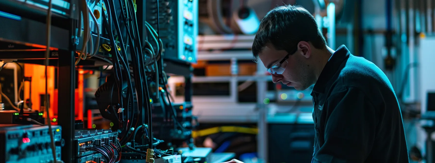 a technician meticulously adjusting camera settings on a film set, surrounded by high-tech equipment, highlighting the precision and expertise required in video production.