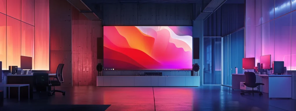 a vibrant and dynamic motion graphic design displayed on a large monitor in a sleek, modern video production studio.