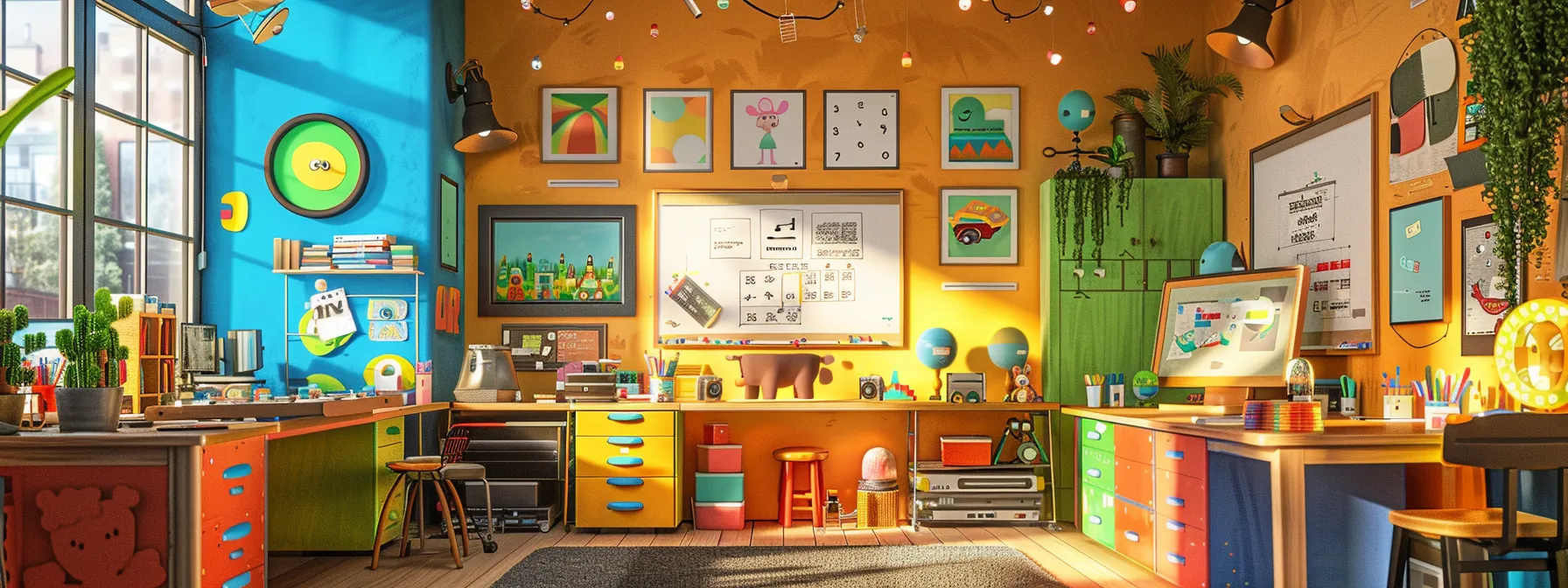 a vibrant animation studio filled with colorful props and characters, with a storyboard on the wall outlining clear objectives and goals for a video project.