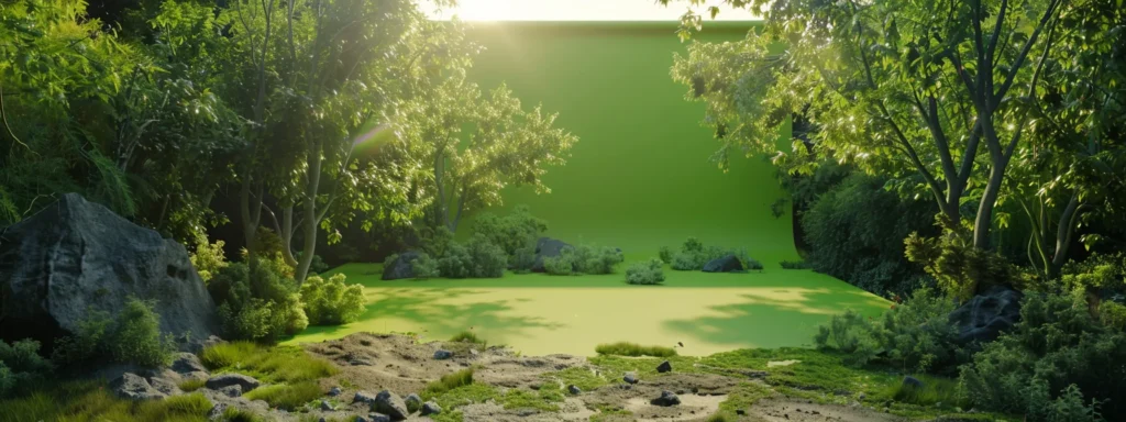 a vividly realistic outdoor landscape seamlessly blended with a green screen studio set-up.