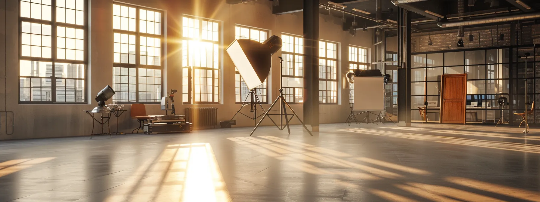 a well-lit studio space with large windows flooding the room with natural light, complemented by professional adjustable lighting fixtures for high-quality visuals in corporate video production.