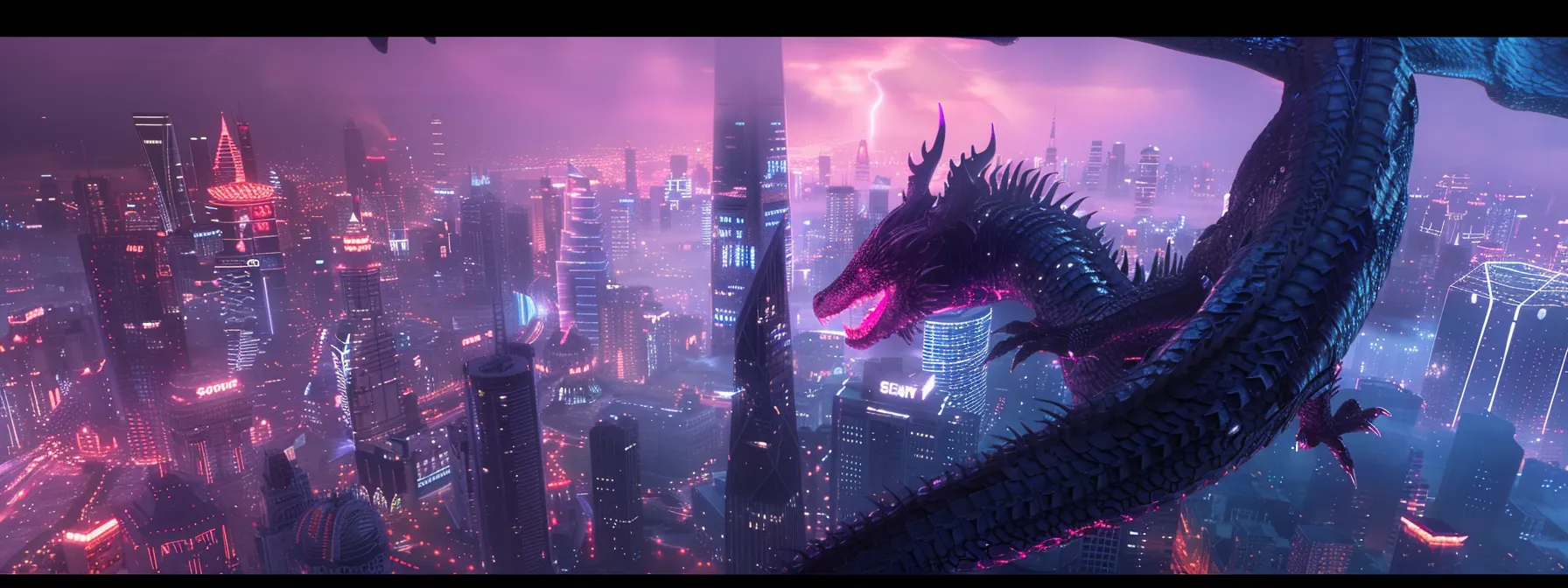 an animated dragon soaring over a futuristic cityscape, showcasing the impact of animation on digital marketing.