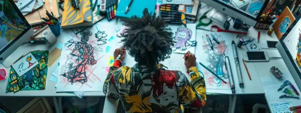 an artist at a desk surrounded by colorful sketches, planning out an animated project.