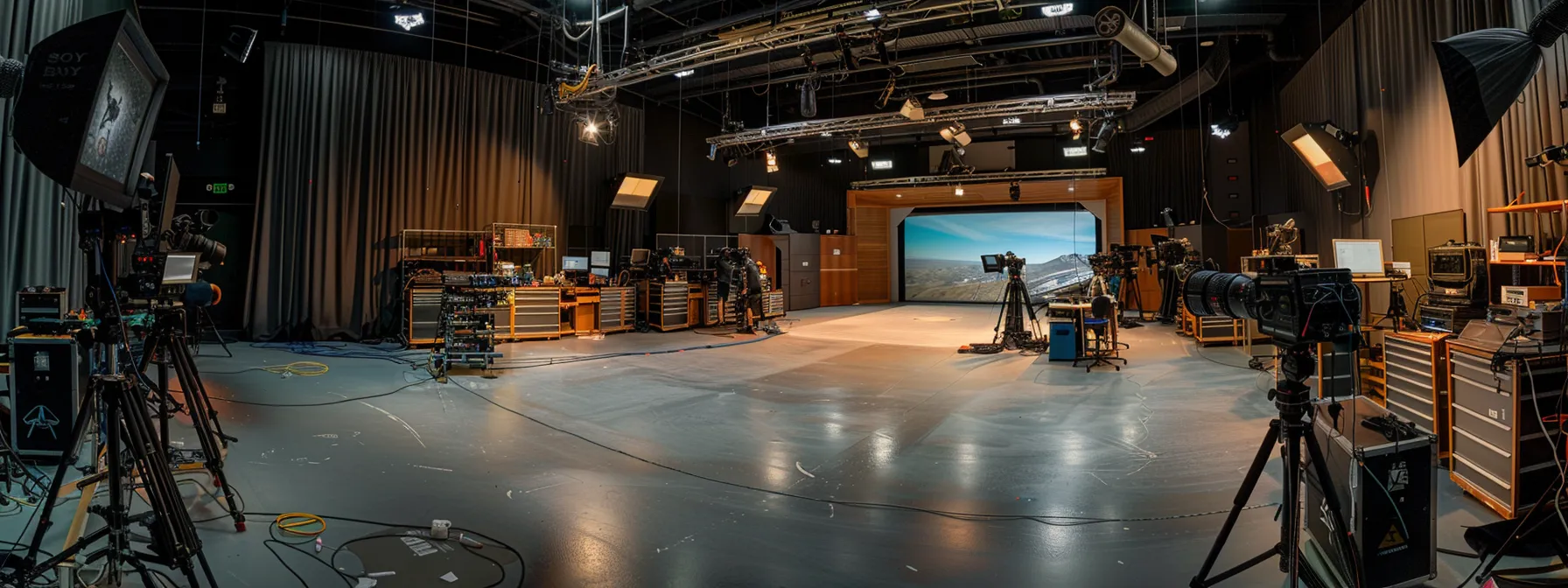 an expansive animation studio bustling with cutting-edge software, teams of skilled professionals, and an array of high-tech equipment, guaranteeing top-tier production capacity and technical proficiency.