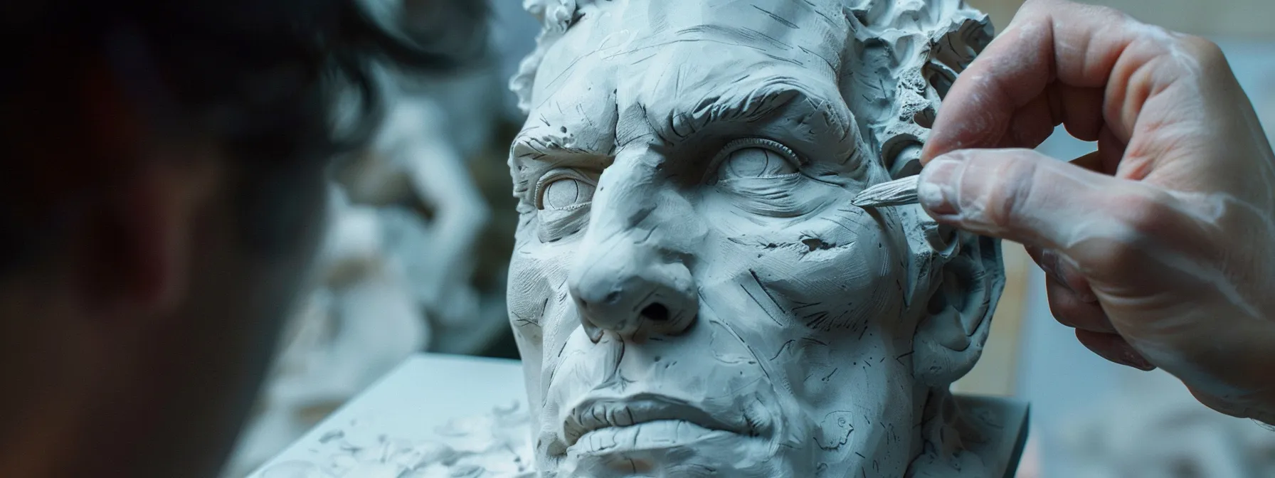 an animator sculpting a character's face, capturing a range of emotions with precise detail and skill.