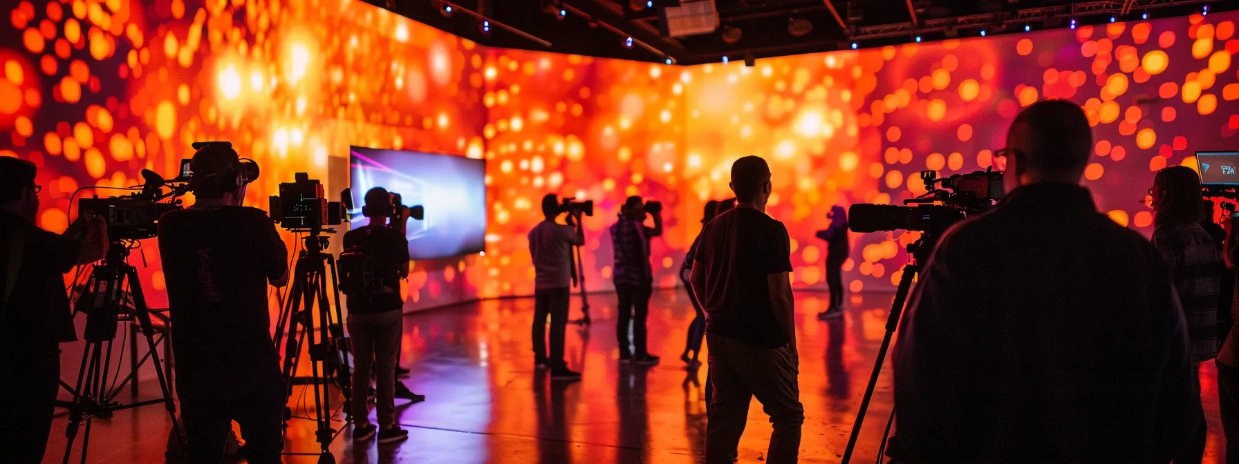 filming crew surrounded by high-tech screens displaying vibrant, immersive virtual environments, showcasing the innovative benefits of virtual production techniques.