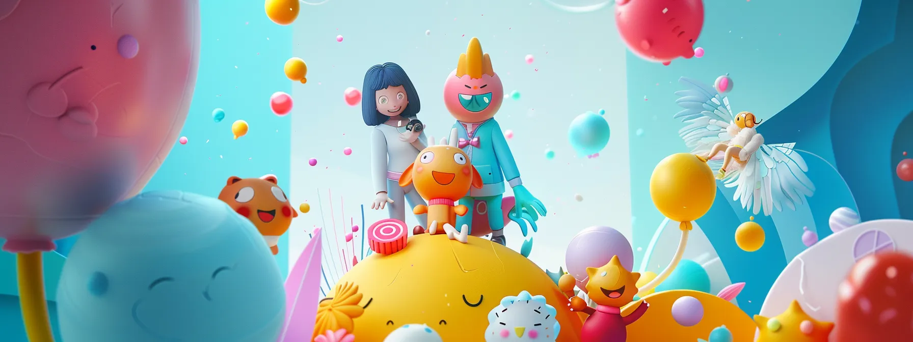 vibrant 3d animated characters engaging with consumers in a dynamic marketing campaign setting.