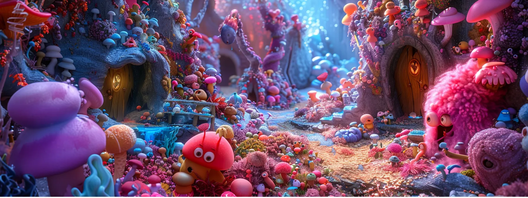 vibrant, colorful animated characters interacting in a whimsical, dream-like setting.