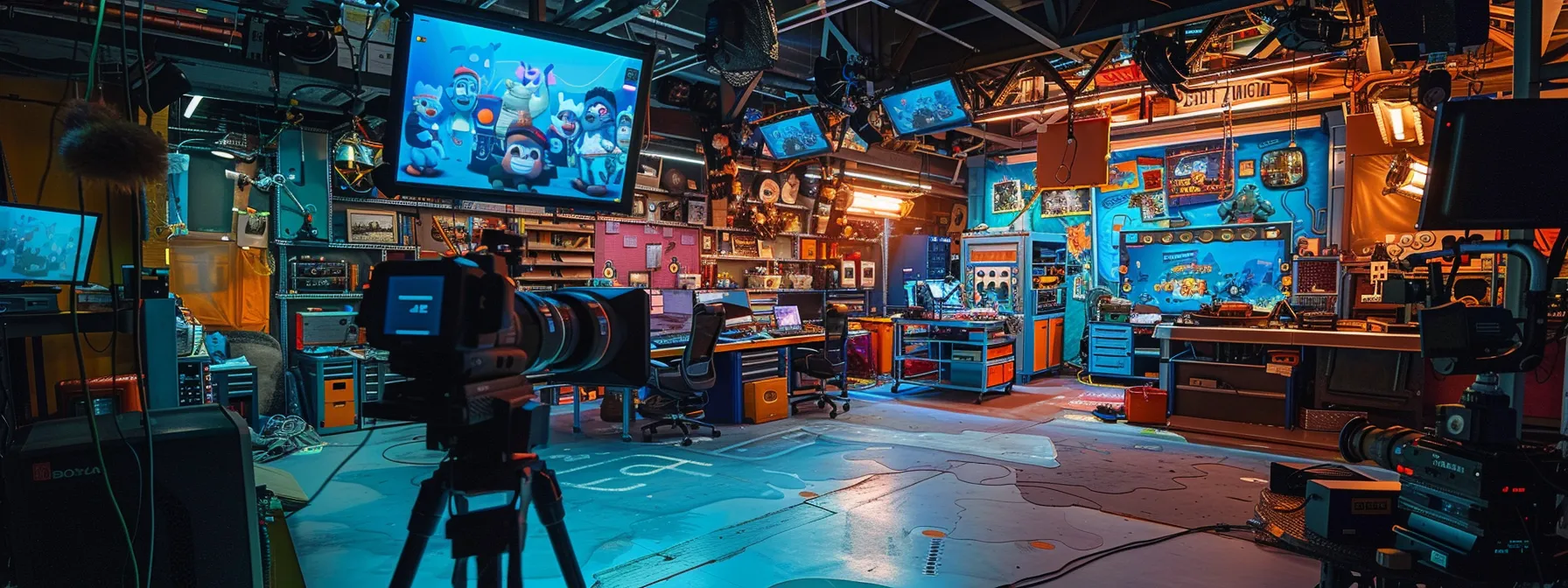 vibrant studio filled with animated characters and state-of-the-art equipment, perfect for selecting the ideal production house for your animation project.